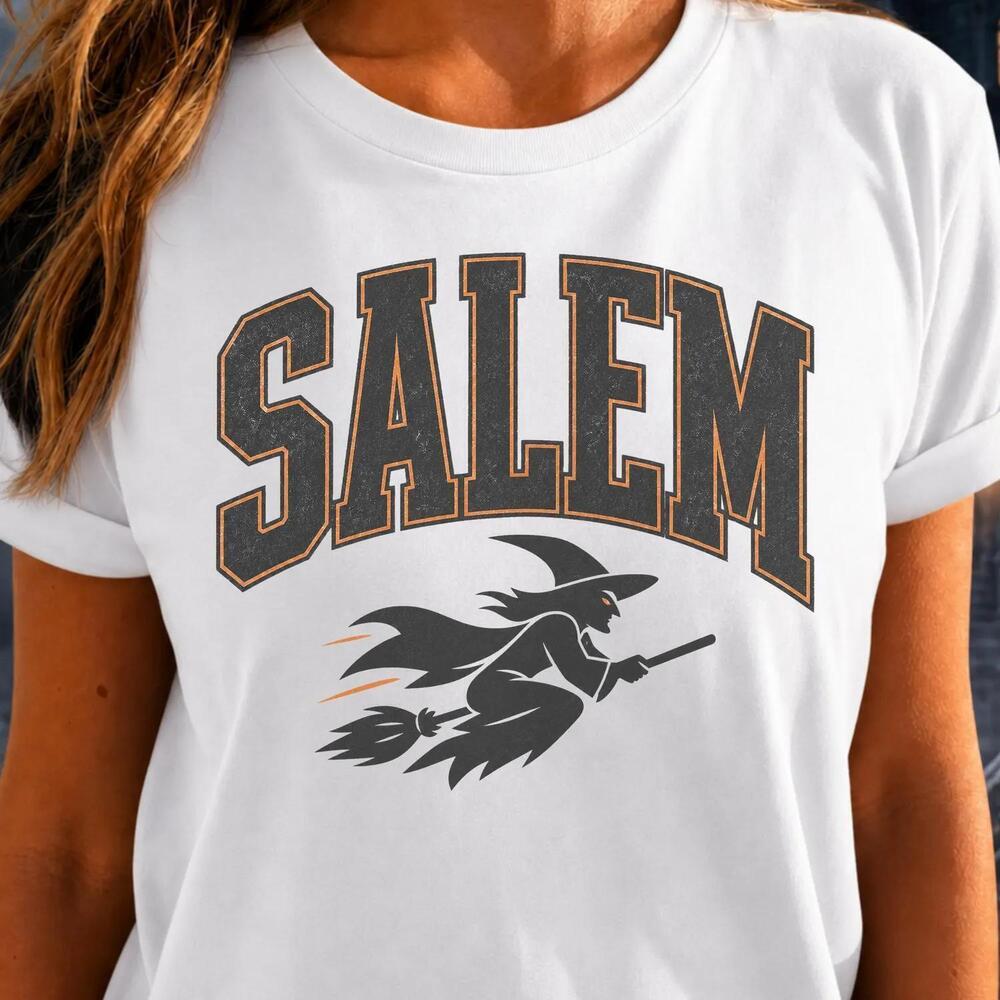 Salem Witch Tee, Collegiate Halloween Shirt, Flying Witch Graphic